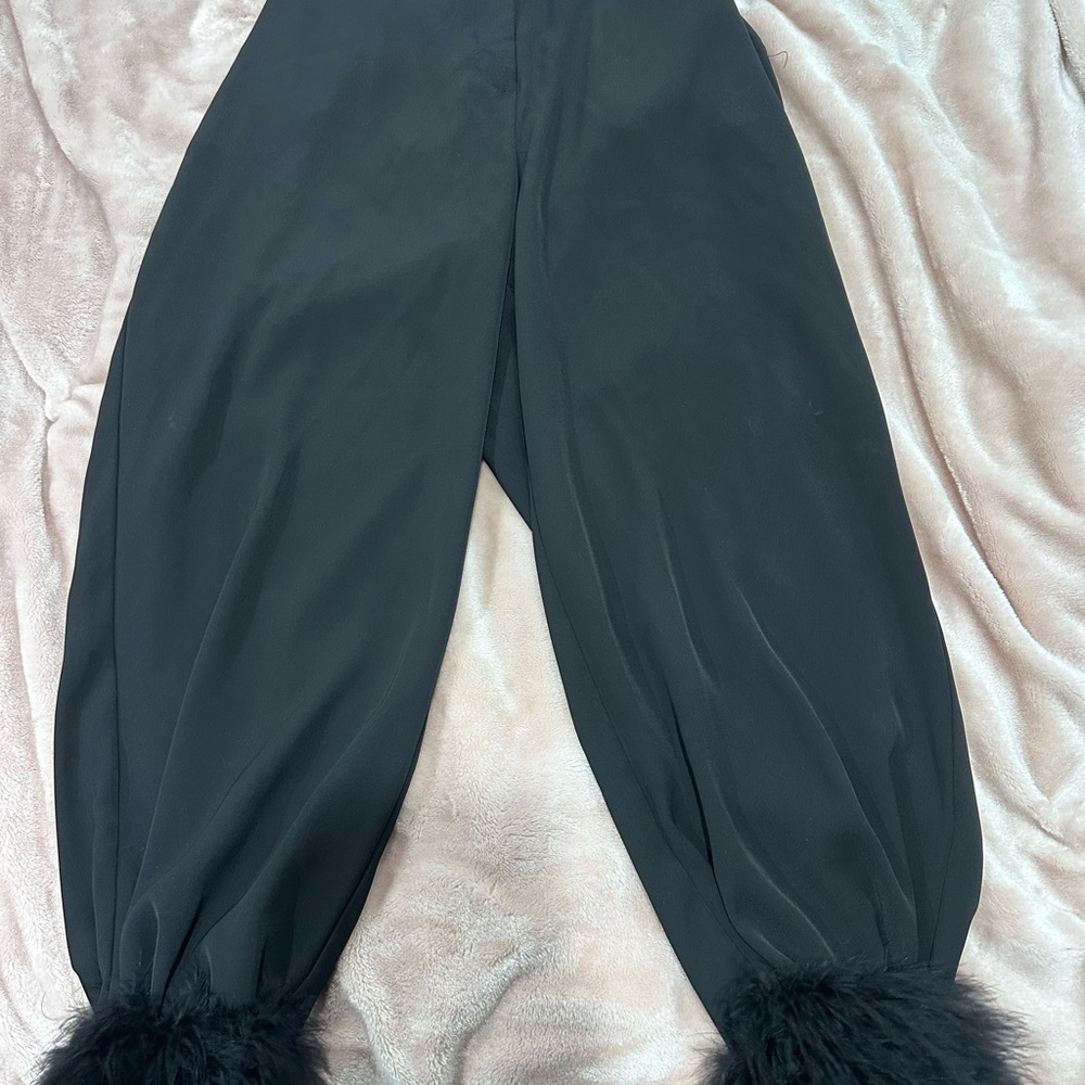 Black Kids Bottoms with Faux Fur Trim